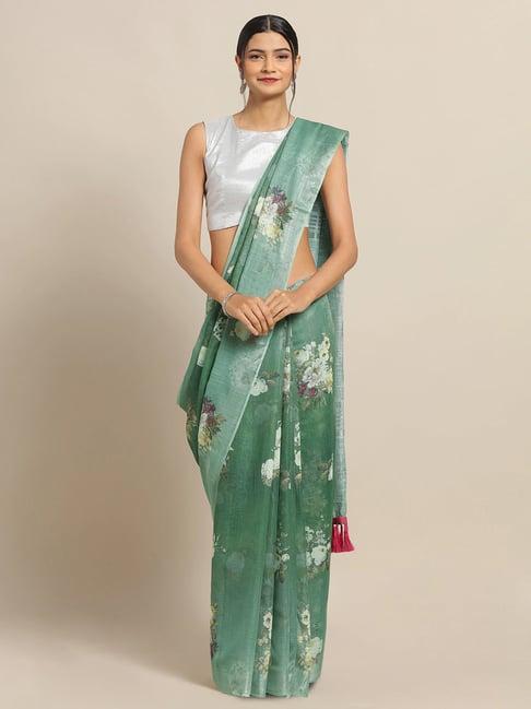 vastranand green floral print saree with unstitched blouse