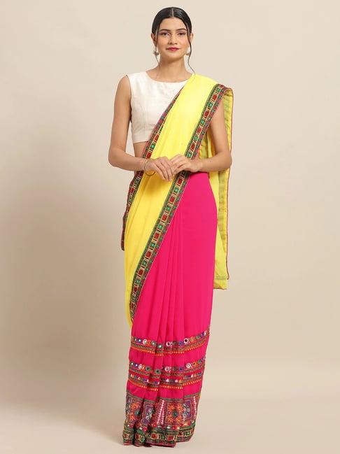 vastranand pink & yellow embroidered saree with unstitched blouse