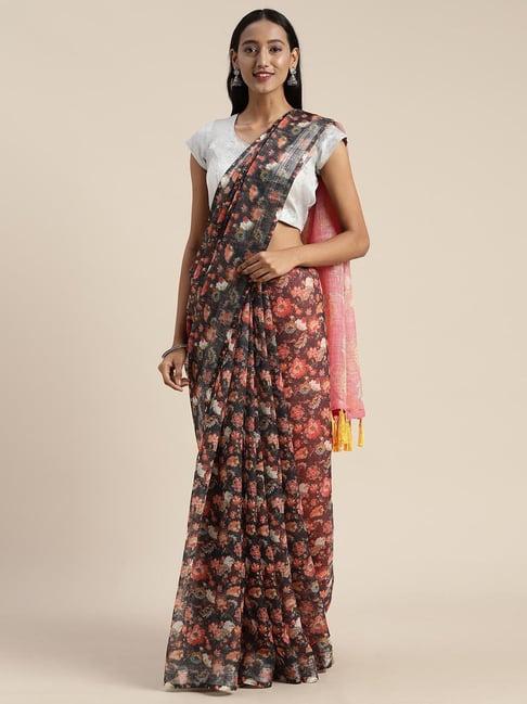 vastranand navy linen floral print saree with unstitched blouse