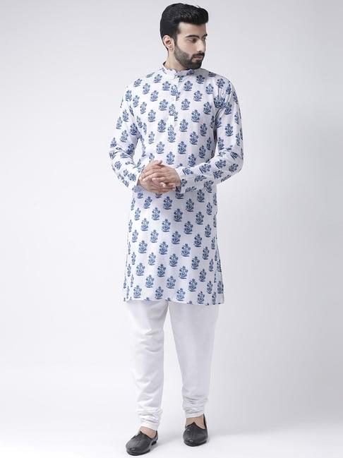 hang up white & blue cotton regular fit printed kurta set