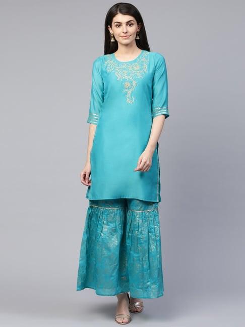 rangmayee blue embroidered kurti sharara set