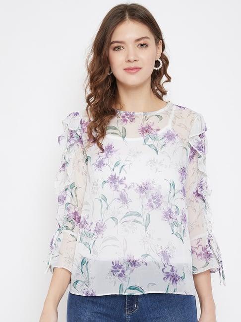 madame off white & purple floral print top