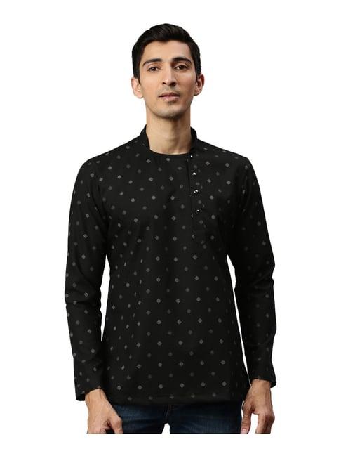 manyavar black regular fit self design short kurta