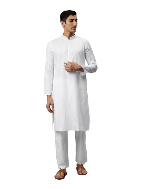 manyavar white cotton regular fit kurta set