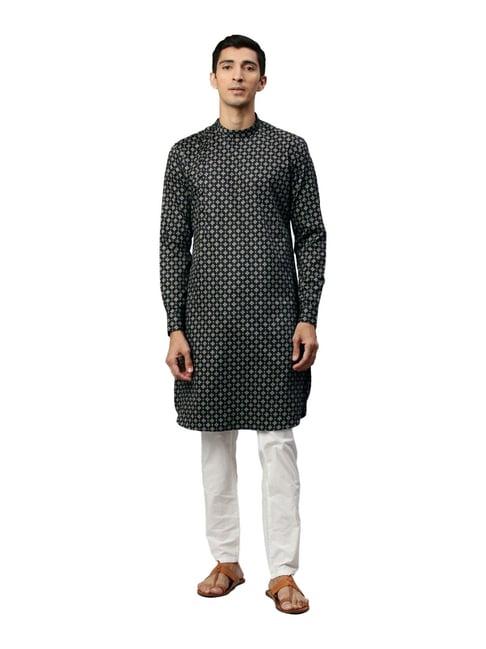 manyavar navy cotton regular fit printed kurta