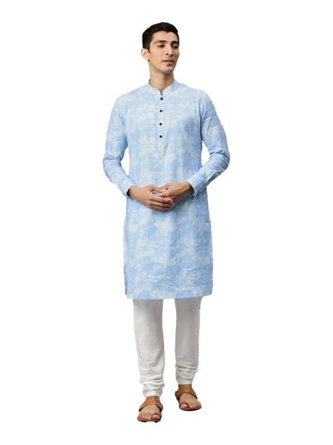 manyavar blue cotton regular fit printed kurta