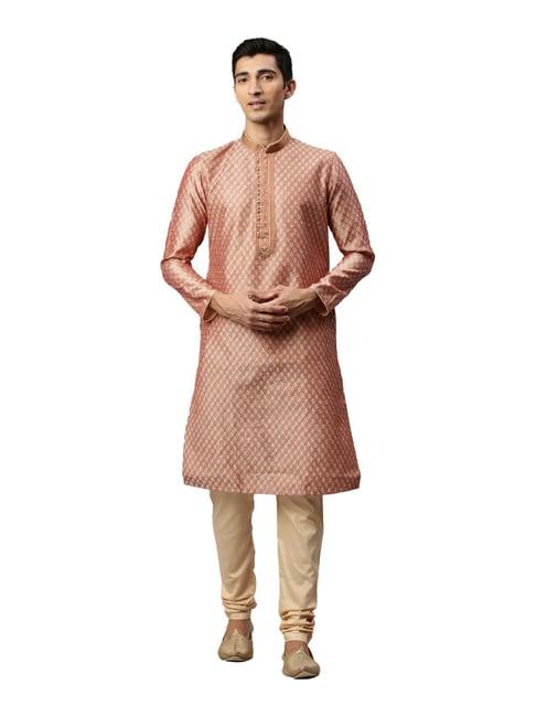 manyavar peach regular fit self design kurta set