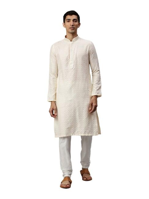 manyavar beige regular fit self design kurta set