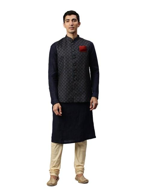 manyavar navy printed ethnic kurta set with jacket