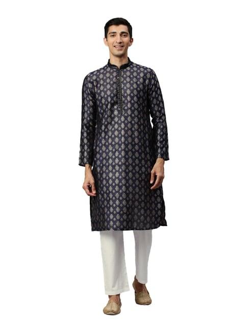 manyavar navy regular fit self design kurta set