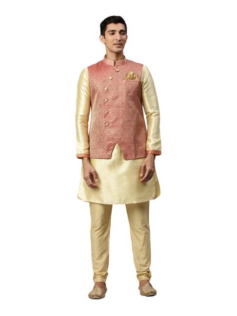 manyavar beige & red regular fit ethnic short kurta set with jacket