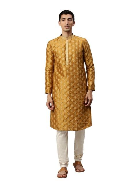 manyavar gold regular fit self design kurta set