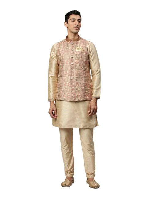 manyavar beige regular fit ethnic short kurta set with jacket