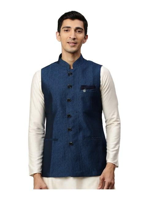 manyavar beige & navy self design ethnic waistcoat