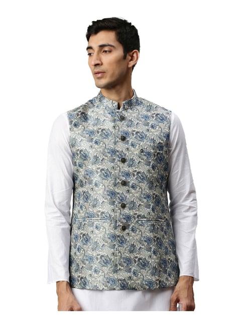 manyavar white & blue cotton printed ethnic jacket