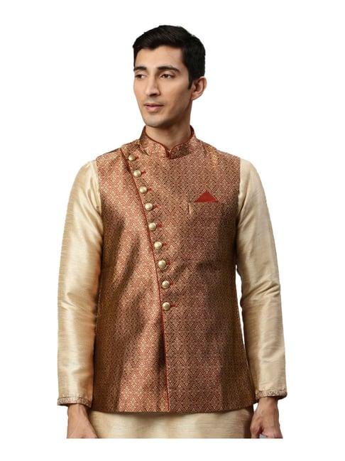 manyavar beige & brown self pattern ethnic jacket