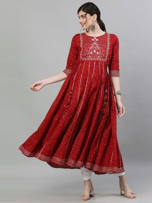 ishin maroon cotton embellished anarkali kurta