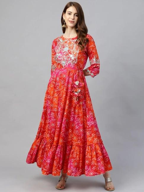 ishin red & pink embellished a line kurta