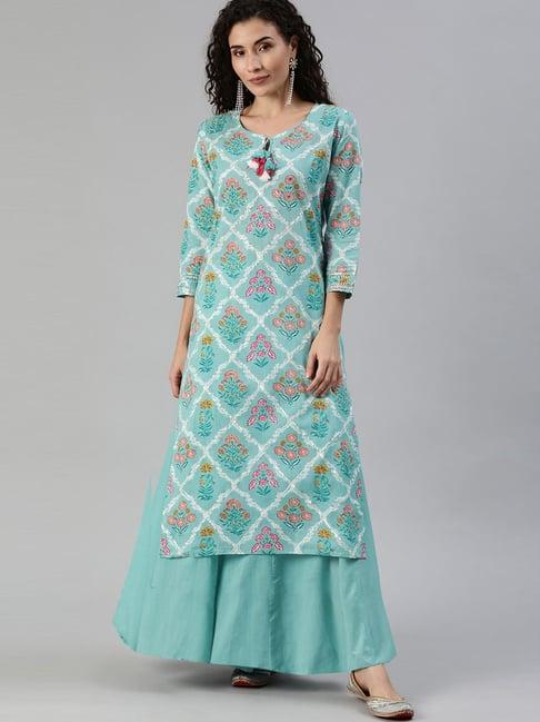 ishin cyan blue cotton embellished straight kurta