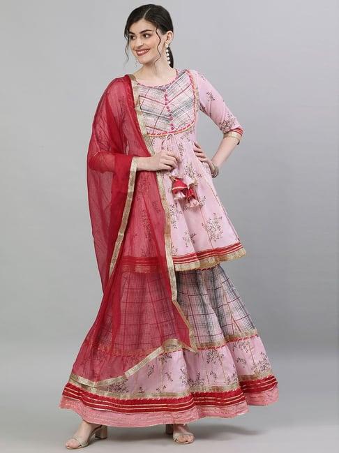 ishin pink printed kurti sharara set with dupatta