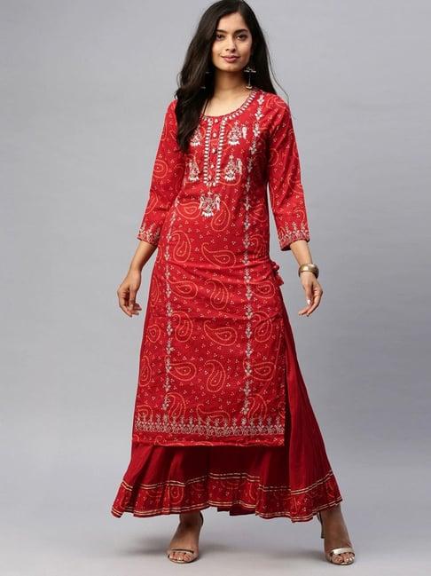 ishin red cotton embroidered kurta sharara set