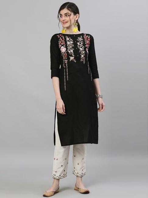 ishin black & off-white cotton embroidered kurta pant set