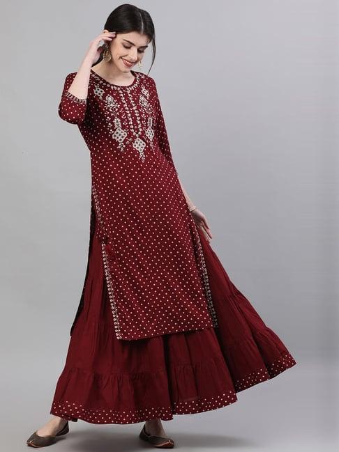 ishin maroon embroidered kurta skirt set