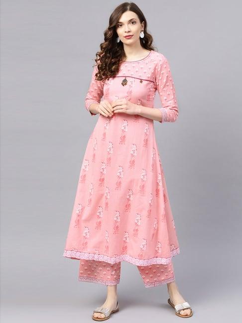 ishin pink cotton printed kurta pant set