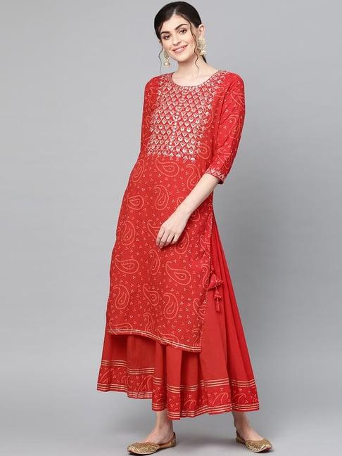 ishin red cotton embroidered kurta sharara set