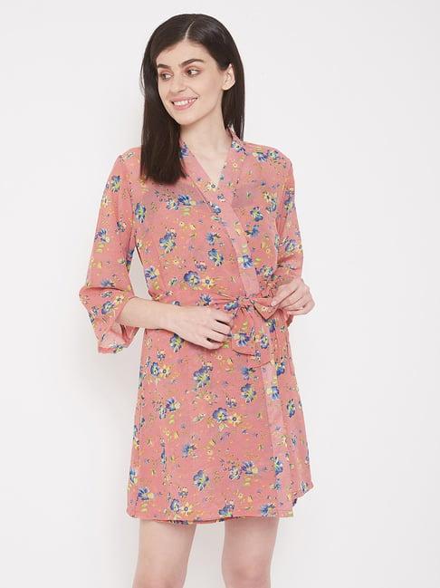 clovia peach floral print robe with belt