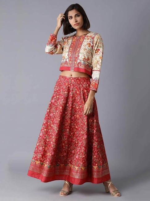 w cream & red printed lehenga set