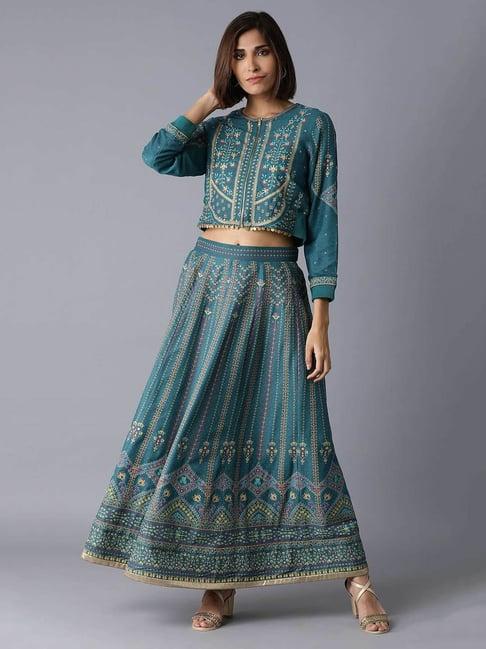 w blue printed lehenga set