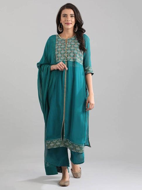 aurelia teal embroidered kurta with palazzo & dupatta