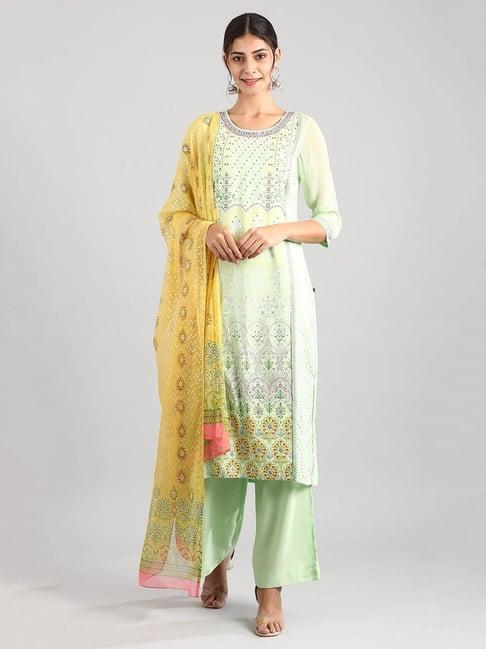 aurelia green printed kurta with palazzo & dupatta