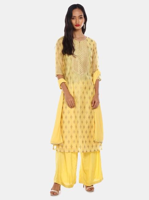 anahi by unlimited yellow printed kurta with palazzo & dupatta