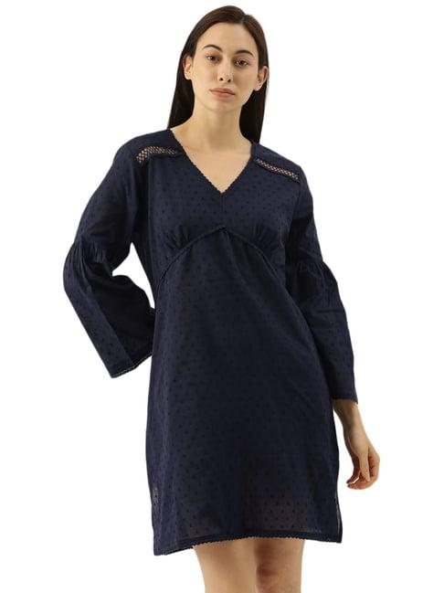 slumber jill navy cotton self pattern night dress