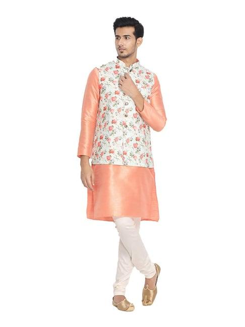 manyavar orange & white floral print ethnic kurta set with jacket