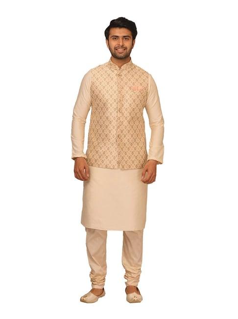 manyavar beige printed ethnic kurta set with jacket