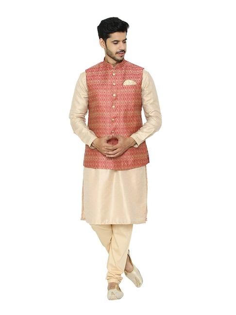 manyavar beige & orange printed ethnic kurta set with jacket