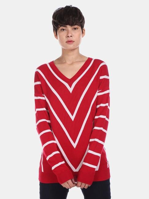 u.s. polo assn. red striped v neck sweater