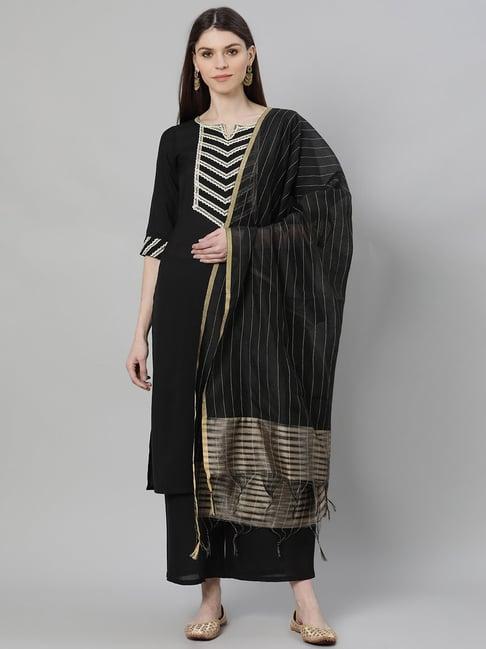 gerua black cotton embroidered kurta palazzo set with dupatta