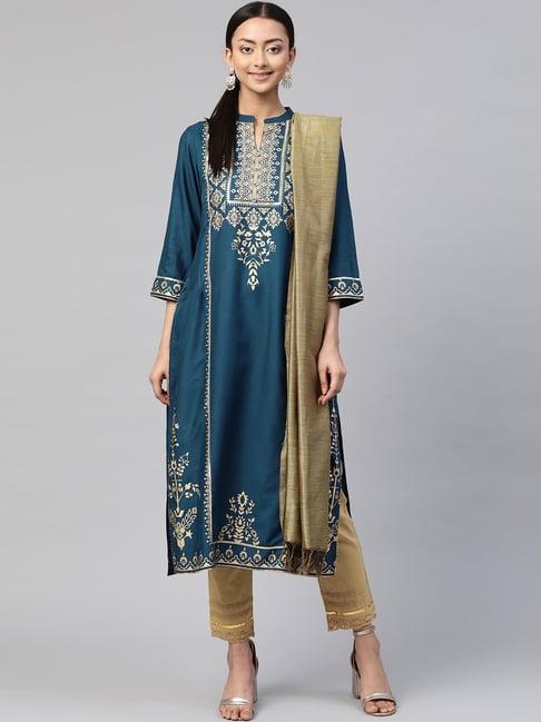 juniper dark teal ethnic motif printed rayon straight kurta & dupatta set with buttons