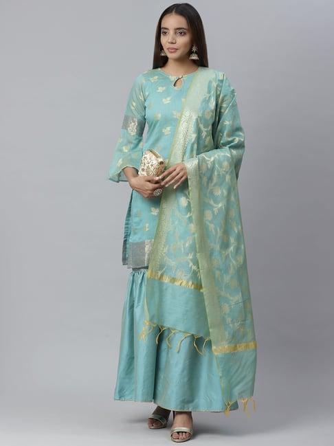 chhabra 555 blue textured kurta with sharara & dupatta