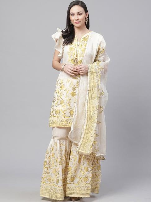 chhabra 555 cream printed kurta with sharara & dupatta