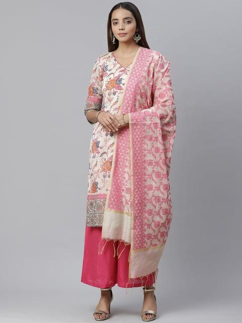 chhabra 555 cream printed kurta with palazzo & dupatta