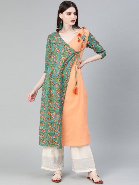 yufta green & orange cotton floral print angrakha kurta