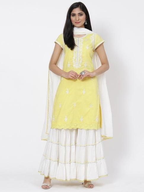 biba yellow embroidered kurta with sharara & dupatta