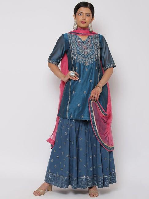 biba blue embellished kurta with sharara & dupatta