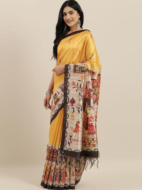 the chennai silks yellow printed saree with unstitched blouse