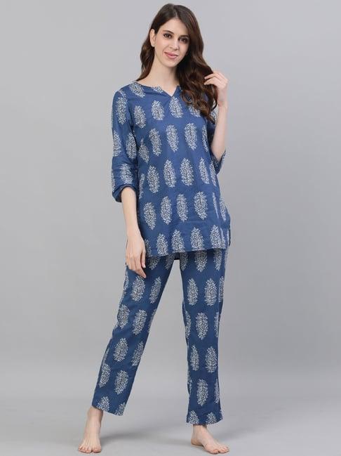 jaipur kurti blue printed short kurta with pyjama